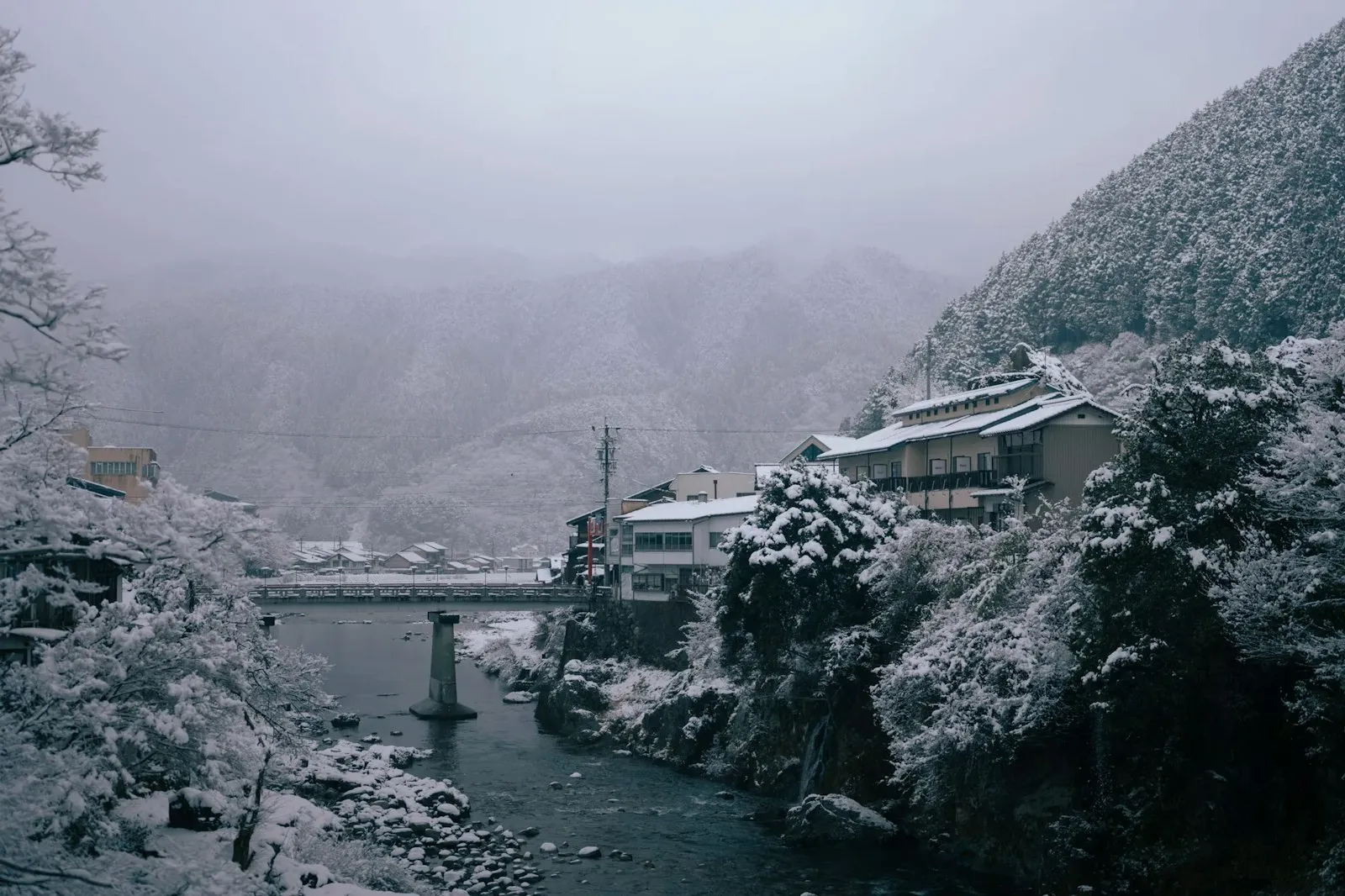 郡上八幡の景色。橋の上から川を挟んで両サイドに広がる街を眺めることができる